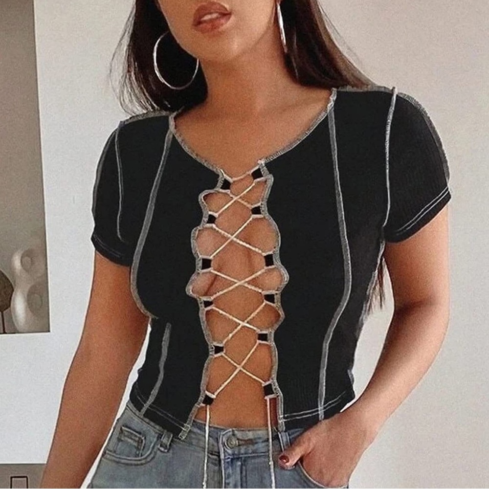 Rhinestone tie up top. Size large
